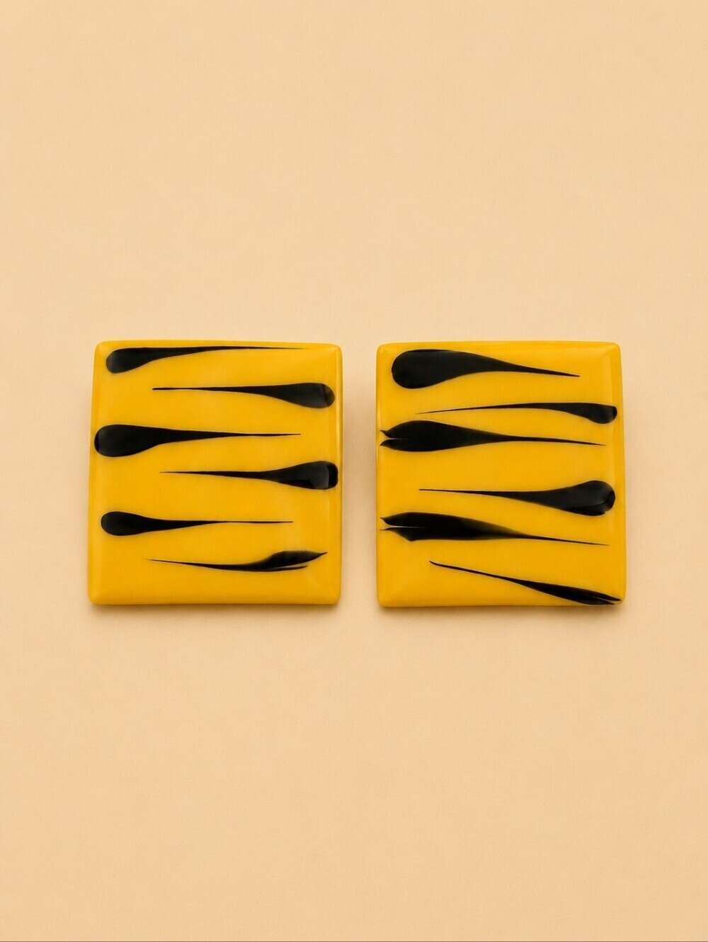 Vintage 1980s Abstract Yellow and Black Square Metal Punk Festival Earrings